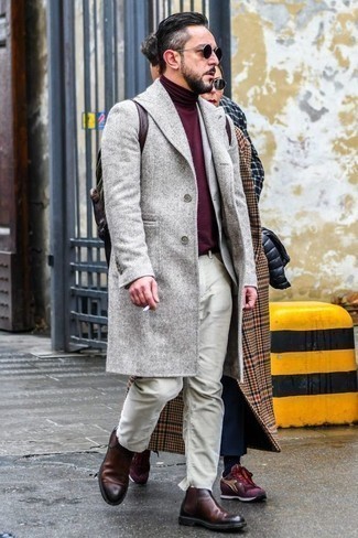 Men's Grey Overcoat, Grey Blazer, Burgundy Turtleneck, Beige Jeans