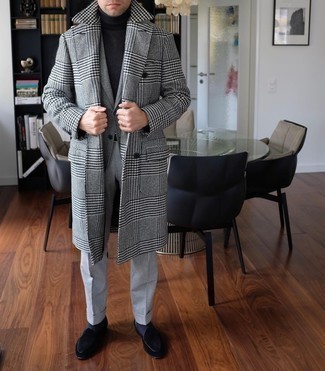 Black Velvet Loafers Outfits For Men: This pairing of a white and black houndstooth overcoat and grey dress pants will add refined essence to your ensemble. Black velvet loafers will tie your full outfit together.