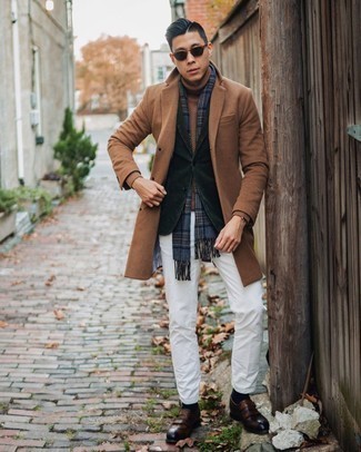 500+ Winter Outfits For Men: For a casually stylish outfit, make a camel overcoat and white chinos your outfit choice — these two pieces work perfectly well together. A pair of dark brown leather monks will level up any getup. We're loving how perfect this combination is to keep you comfortable and stylish come winter season.