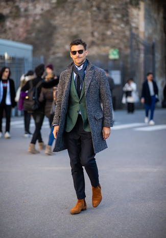 Tobacco Suede Chelsea Boots Outfits For Men: This is definitive proof that a charcoal plaid overcoat and black dress pants look amazing when you pair them up in a polished outfit for today's gentleman. A pair of tobacco suede chelsea boots immediately boosts the fashion factor of this ensemble.