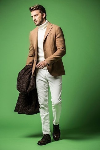 White Wool Turtleneck Outfits For Men: For a casual and cool look, consider pairing a white wool turtleneck with white chinos — these two pieces go beautifully together. And if you wish to instantly smarten up this look with footwear, why not complete your outfit with a pair of dark brown leather derby shoes?