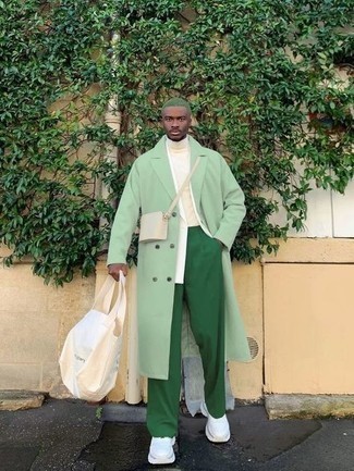 Mint Overcoat Outfits: This classic and casual combo of a mint overcoat and green chinos is super easy to put together without a second thought, helping you look awesome and ready for anything without spending a ton of time rummaging through your wardrobe. And if you need to easily dress down this look with one item, add a pair of white athletic shoes to your ensemble.