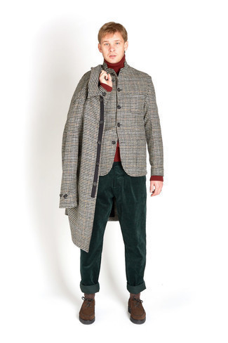 Grey Houndstooth Overcoat Outfits: You'll be amazed at how very easy it is for any guy to put together this effortlessly sleek outfit. Just a grey houndstooth overcoat and dark green corduroy chinos. Dark brown suede derby shoes will breathe an extra touch of class into an otherwise straightforward outfit.