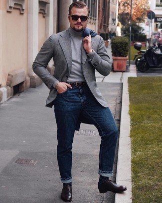 Brown Leather Brogues Outfits: You'll be surprised at how super easy it is for any man to get dressed this way. Just a navy overcoat paired with navy jeans. And if you want to instantly up the style ante of this look with shoes, why not complement your outfit with a pair of brown leather brogues?
