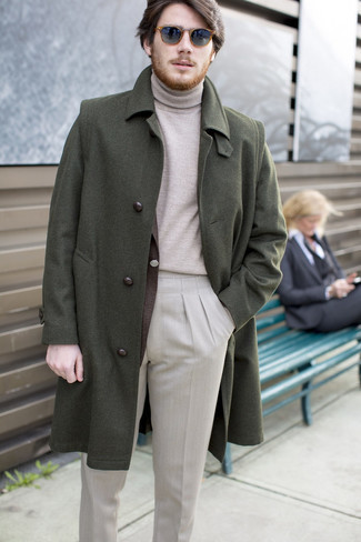 Olive Overcoat Outfits: Pairing an olive overcoat and grey dress pants will create a classic, masculine silhouette.