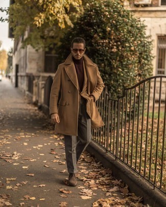 Brown Sunglasses Outfits For Men: Team a camel overcoat with brown sunglasses for a relaxed take on off-duty style. Make dark brown suede desert boots your footwear choice for a masculine aesthetic.