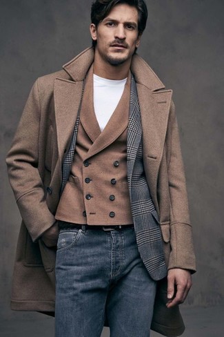 Brown Wool Waistcoat Outfits: You're looking at the undeniable proof that a brown wool waistcoat and navy jeans look amazing when paired together in a polished outfit for today's gent.