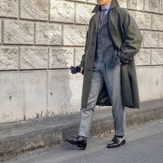 Charcoal Herringbone Blazer Outfits For Men: Putting together a charcoal herringbone blazer and grey wool dress pants is a guaranteed way to infuse style into your wardrobe. Black leather derby shoes are a savvy choice to finish off this getup.