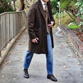 Brown Leather Derby Shoes Cold Weather Outfits: A dark brown overcoat and blue jeans will add extra style to your day-to-day lineup. A pair of brown leather derby shoes will put a more sophisticated spin on an otherwise mostly casual outfit.