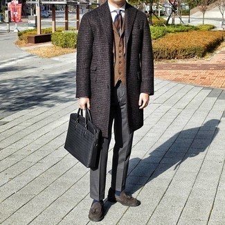 Dark Brown Gingham Overcoat Outfits: A dark brown gingham overcoat and grey dress pants make for the ultimate dapper style. Complete this look with dark brown suede tassel loafers for extra style points.