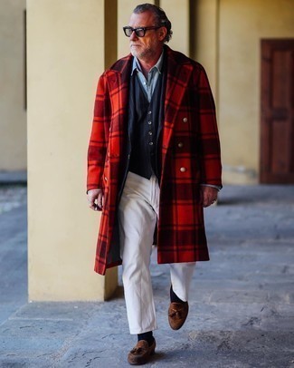 Men's Red Plaid Overcoat, Navy Vertical Striped Blazer, Navy Vertical Striped Waistcoat, Light Blue Chambray Dress Shirt
