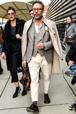 Men's Beige Overcoat, Grey Check Blazer, Grey Waistcoat, White Dress Shirt