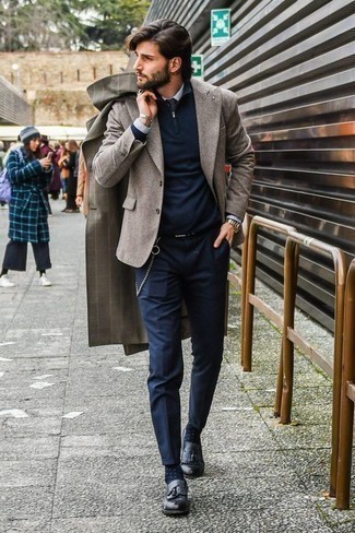 Grey Check Overcoat Outfits: Wear a grey check overcoat and navy chinos and get ready to get the status of a maverick in the men's style department. If you want to instantly polish up your getup with one single piece, complement this outfit with black leather tassel loafers.