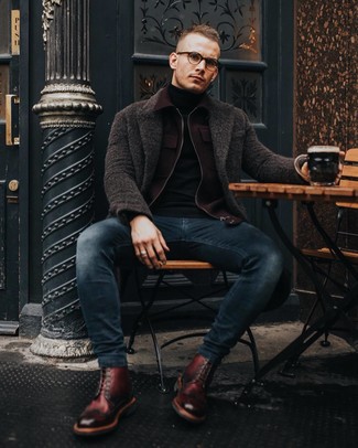 Burgundy Leather Casual Boots Outfits For Men: This pairing of a dark brown overcoat and navy skinny jeans is well-executed and yet it looks laid-back enough and ready for anything. Add a pair of burgundy leather casual boots to your outfit et voila, your outfit is complete.