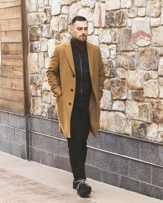 Black Bomber Jacket Chill Weather Outfits For Men: For a cool and casual getup, pair a black bomber jacket with black jeans — these items go nicely together. Complement this outfit with a pair of dark brown suede desert boots to tie the whole thing together.