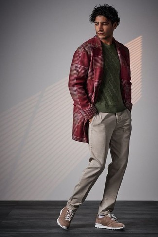 500+ Fall Outfits For Men: Breathe style into your day-to-day rotation with a burgundy houndstooth overcoat and grey chinos. And if you want to immediately tone down this ensemble with shoes, why not complete your ensemble with brown athletic shoes? It's a great idea when it comes to figuring out a standout ensemble for transeasonal weather.