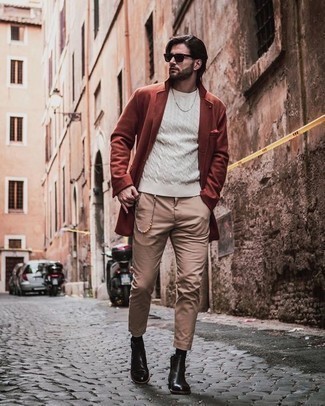 Cable Sweater Outfits For Men: A cable sweater and khaki chinos are a favorite combination for many fashion-savvy gentlemen. Kick up the dressiness of this ensemble a bit by slipping into a pair of black leather chelsea boots.