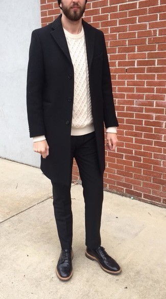 Black Overcoat Outfits: This combination of a black overcoat and black chinos looks put together and makes you look instantly cooler. You can get a bit experimental when it comes to shoes and complete this look with a pair of black leather derby shoes.