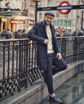 Navy Leather Brogues Outfits: Pair a navy check overcoat with navy check chinos for a smart combo. Navy leather brogues are a fail-safe way to inject an added touch of style into this ensemble.