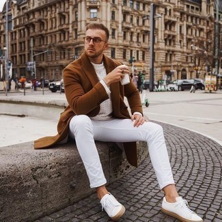 Men's Brown Overcoat, White Cable Sweater, White Chinos, White Canvas Low Top Sneakers