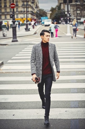 Men's Grey Overcoat, Burgundy Cable Sweater, Black Chinos, Black Leather Casual Boots