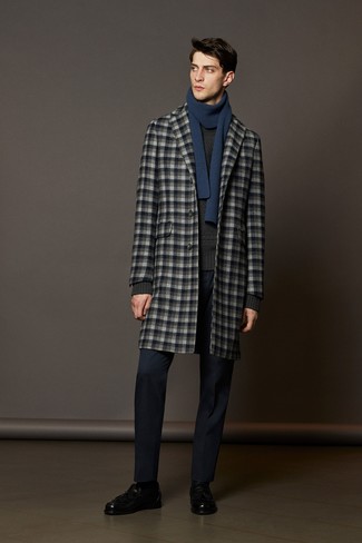 Men's Grey Check Overcoat, Charcoal Cable Sweater, Navy Dress Pants, Black Leather Tassel Loafers