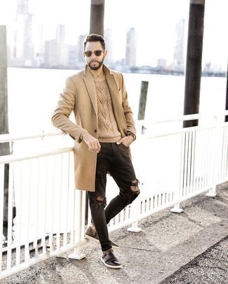 Tan Cable Sweater Outfits For Men: A tan cable sweater and black ripped jeans are the kind of a foolproof casual getup that you need when you have zero time. A pair of dark brown leather double monks effortlessly revs up the style factor of any outfit.