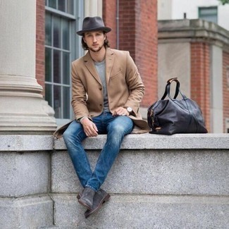Men's Camel Overcoat, Grey Cable Sweater, Blue Jeans, Grey Suede Chelsea Boots