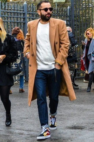 Men's Camel Overcoat, White Cable Sweater, Navy Jeans, Black Print Canvas Low Top Sneakers