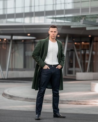 Men's Dark Green Overcoat, White Cable Sweater, Navy Jeans, Black Leather Chelsea Boots