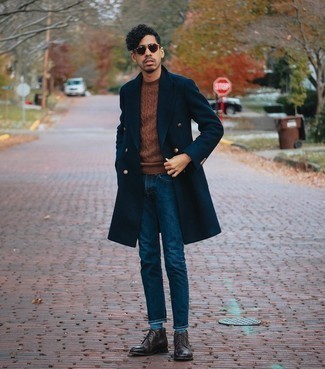 Men's Navy Overcoat, Brown Cable Sweater, Navy Jeans, Dark Brown Leather Brogue Boots