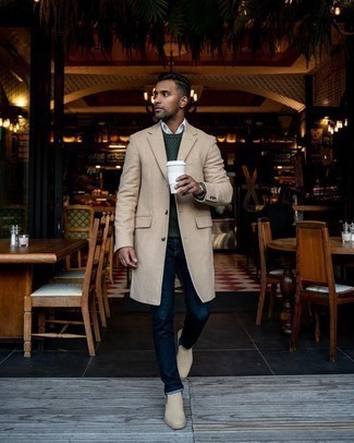 Dark Green Cable Sweater Outfits For Men: For an ensemble that offers function and dapperness, consider teaming a dark green cable sweater with navy jeans. Wondering how to complement this look? Rock beige suede chelsea boots to rev up the style factor.