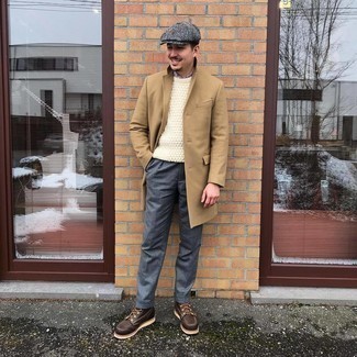 Grey Herringbone Flat Cap Outfits For Men: A camel overcoat and a grey herringbone flat cap are a laid-back pairing that every modern gent should have in his menswear collection. Complement your look with dark brown leather casual boots to instantly spice up the getup.