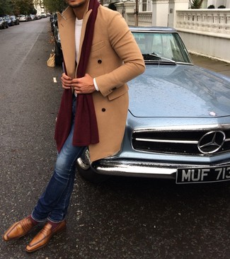 Men's Camel Overcoat, White Cable Sweater, Blue Skinny Jeans, Tan Leather Loafers