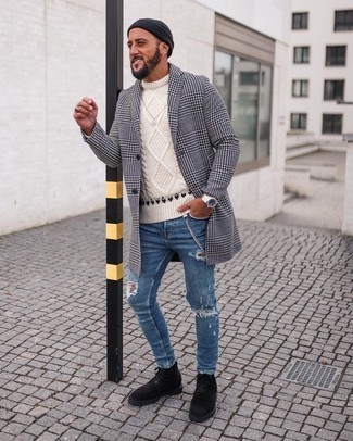 Blue Ripped Skinny Jeans Outfits For Men: For functionality without the need to sacrifice on fashion, we like this combo of a white and black houndstooth overcoat and blue ripped skinny jeans. Wondering how to finish this getup? Rock black suede casual boots to class it up.
