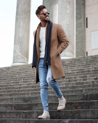 Men's Camel Overcoat, White Cable Sweater, Light Blue Ripped Skinny Jeans, Beige Suede Chelsea Boots