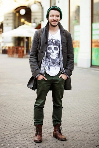 Green Beanie Outfits For Men: This casual pairing of a charcoal overcoat and a green beanie is clean, sharp and super easy to imitate. Ramp up the dressiness of this outfit a bit by slipping into a pair of dark brown leather casual boots.