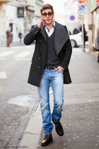 Tobacco Leather Casual Boots Chill Weather Outfits For Men: A charcoal overcoat and blue ripped jeans are great menswear must-haves that will integrate perfectly within your casual styling rotation. For a more sophisticated aesthetic, add a pair of tobacco leather casual boots to the mix.