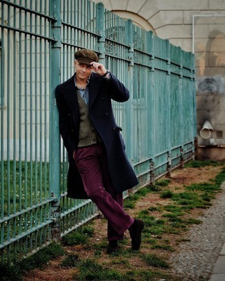 Dark Purple Corduroy Chinos Outfits: This combo of a navy overcoat and dark purple corduroy chinos epitomizes rugged elegance and effortless style. A pair of dark brown suede tassel loafers will elevate this ensemble.