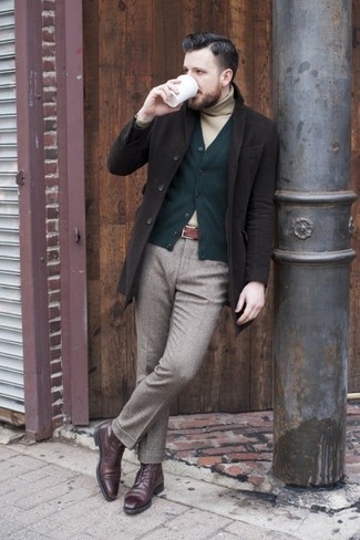 Olive Cardigan Cold Weather Outfits For Men: Try teaming an olive cardigan with grey wool dress pants and you'll look like a true style expert. You know how to play it down: burgundy leather brogue boots.