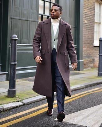 Burgundy Leather Double Monks Outfits: For elegant style with a modern twist, consider wearing a dark brown overcoat and navy dress pants. If you want to effortlessly dress down this ensemble with shoes, why not add burgundy leather double monks to the mix?