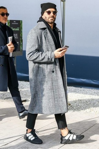 Men's Grey Plaid Overcoat, Black Chinos, Black and White Athletic Shoes, Black Beanie