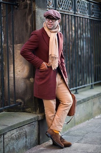 Tan Scarf Outfits For Men: This casual combo of a burgundy overcoat and a tan scarf is a tested option when you need to look stylish but have no time. Add a pair of brown suede brogues to the equation to effortlessly ramp up the classy factor of this ensemble.