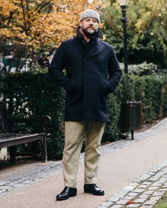 Men's Navy Overcoat, Beige Chinos, Black Leather Casual Boots, Grey Beanie