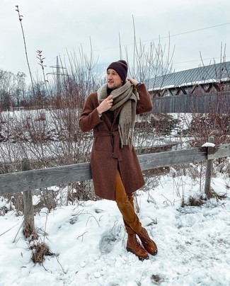 Tobacco Leather Casual Boots Winter Outfits For Men: As you can see, looking casually refined doesn't take that much work. Opt for a brown overcoat and tobacco chinos and you'll look incredibly stylish. The whole outfit comes together really well if you introduce a pair of tobacco leather casual boots to your look. This combo is a bright example that wintertime needn't herald the absence of style.