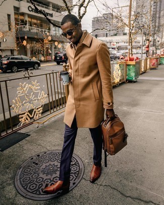 Navy Check Chinos Outfits: This classic and casual combo of a camel overcoat and navy check chinos is super easy to put together without a second thought, helping you look sharp and prepared for anything without spending a ton of time going through your wardrobe. Tobacco leather chelsea boots are a guaranteed way to bring a touch of polish to this ensemble.