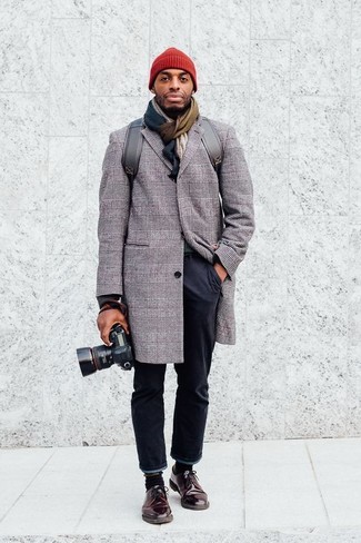 Men's Grey Plaid Overcoat, Black Chinos, Dark Brown Leather Derby Shoes, Grey Leather Backpack