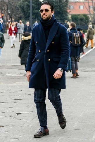 Men's Navy Overcoat, Navy Vertical Striped Chinos, Dark Brown Leather Double Monks, Navy Scarf