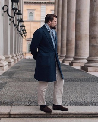 Light Blue Scarf Outfits For Men: For a look that's very straightforward but can be styled in a multitude of different ways, rock a navy overcoat with a light blue scarf. Add an elegant twist to an otherwise everyday ensemble by slipping into dark brown suede loafers.