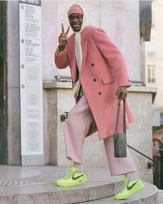 Men's Pink Overcoat, Pink Chinos, Green-Yellow Leather Low Top Sneakers, Olive Leather Messenger Bag